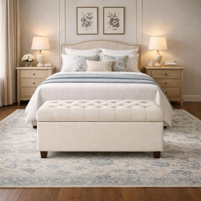 Homepop Home Decor | Tufted Ainsley Button Storage Ottoman Bench with Hinged Lid | Ottoman Bench with Storage for Living Room & Bedroom, Soft Cream, Textured Neutral