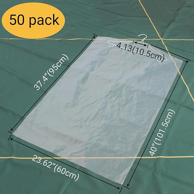 50 Pack 23.6x40inch Clear Plastic Clothes Covers for Hanging Clothes Dust Proof Garment Bags for Small Business Dry Cleaning Store and Home Closet Storage Suit Cover