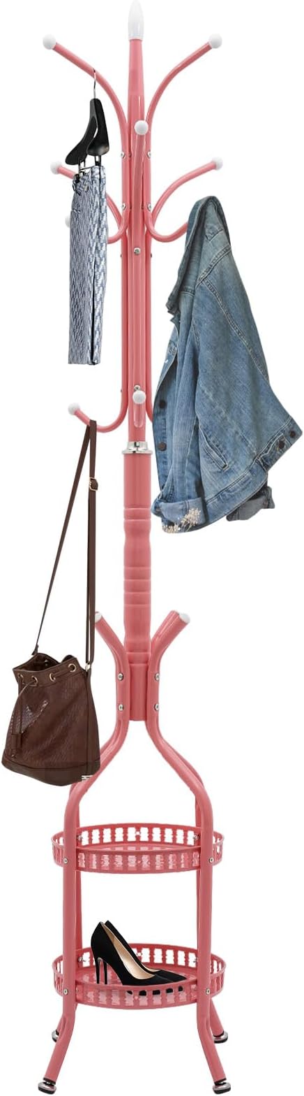 Multifunctional Metal Coat Rack Stand, Freestanding Coat Rack Hat Hall Tree with 2 Layer Basket and Practical Feet, Clothing Rack for Hallways, Living Rooms (Pink)
