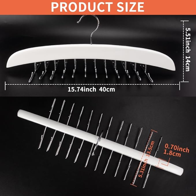 3 Pack Tank Top & Bra Hanger, Tie & Belt Hanger with Natural Wood, 24 Space Saving, 360 Rotating, Foldable Metal Hooks, Closet Organizer and Storage Rack for Tank Tops/Bras/Ties/Belt (White)
