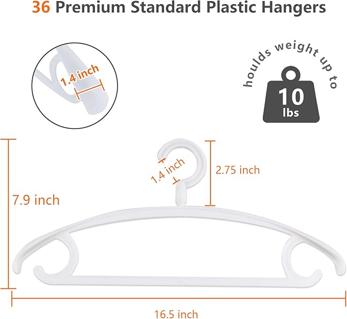 DEDU Plastic Clothes Hangers 36 Pack, Extra Thick Wide Shoulder Coat Hangers with 360° Swivel Hook Non Slip, Sweater Hangers Suit Hanger for Suits, Sweater, Dresses, Pants (White)