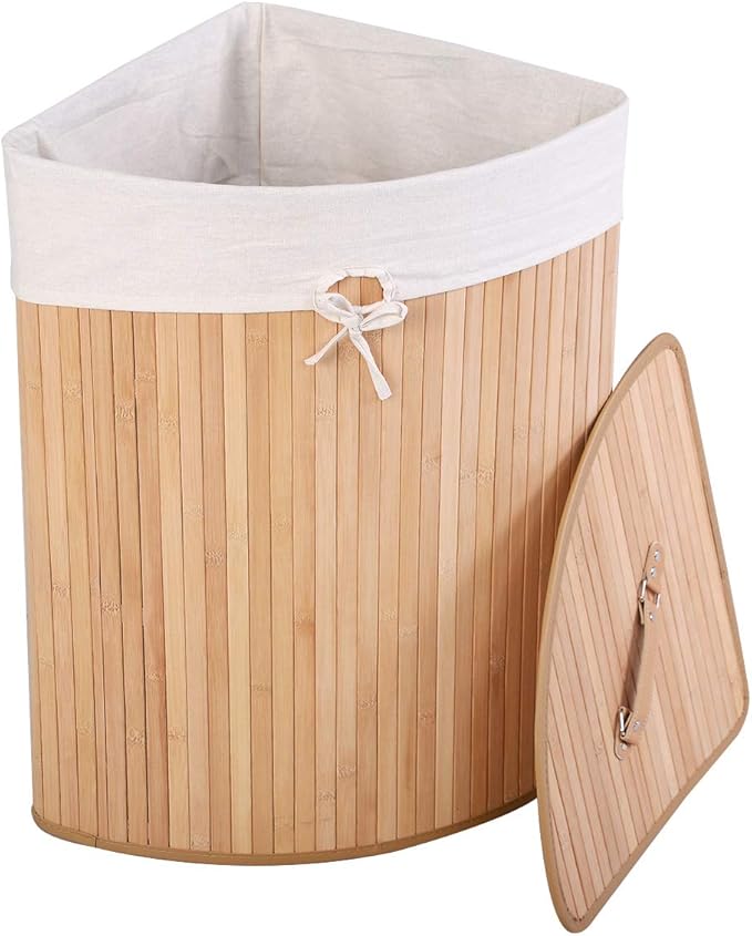 GOFLAME Corner Bamboo Laundry Hamper with Lid and Removable Liner, Washing Clothes Basket Storage Bin with Handle, Suitable for Bedroom, Bathroom, Laundry (Natural)