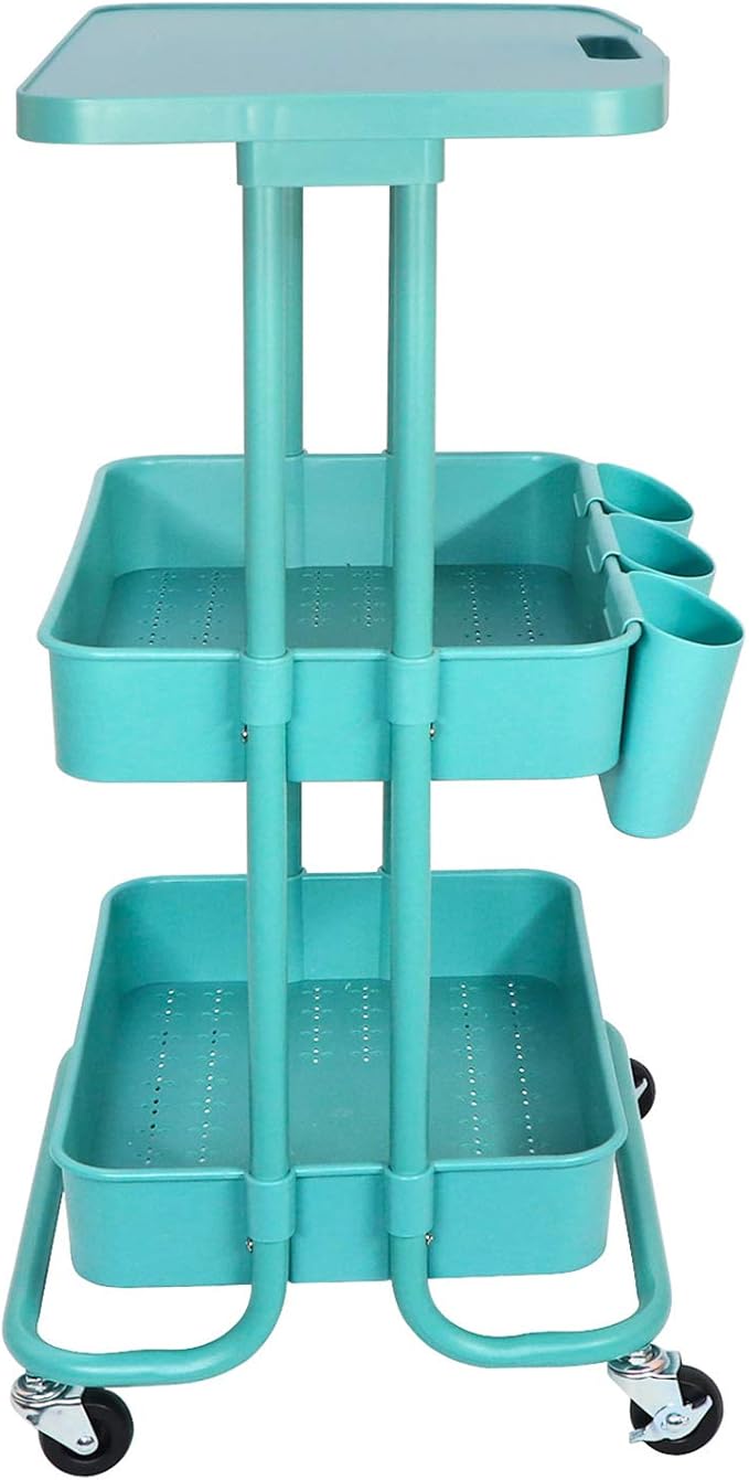 3 Tier Rolling Cart with Table Top Small Storage Utility Cart on Wheels School Offices Supplies Mobile Cart with 3 Organizer Cups, Metal Frame w/Plasitc Trays(Teal)