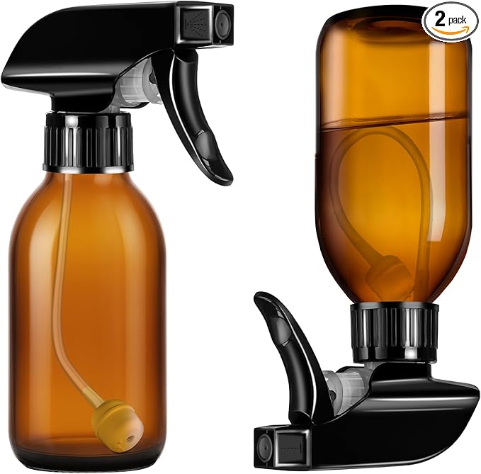Tecohouse 360° 4 OZ Amber Glass Spray Bottles, 2 Pack Empty Refillable Containers with Adjustable Spray Nozzles, Dark Spray Bottles for Cleaning Solutions, Plants, Hairs