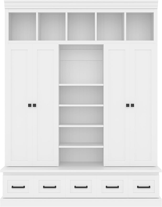 Modern Hall Tree with Bench and 5 Storage Cubbies, 5 Drawers and Adjustable Shelves, 78.7''H Hall Tree Entryway Storage Organizer Cabinet with 4 Doors for Hallway, Entryway, Living Room (White/506)