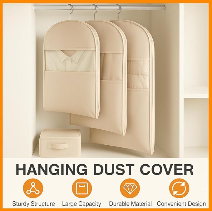 Space Saving Hanging Garment Bag with Self Compression Zipper, Suit Cover Bags, Heavy Duty Jackets & Parkas Storage, Dust Cover, Closet Organizer for Storage (Beige,M)