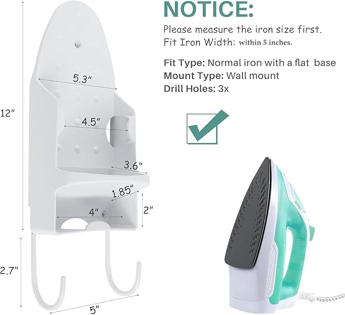 Ironing Board Hanger Wall Mount, Iron Hanger with Ironing Board Rack, Heat Resistant Iron Holder Wall Mount for Max 5 Inch Width (White)