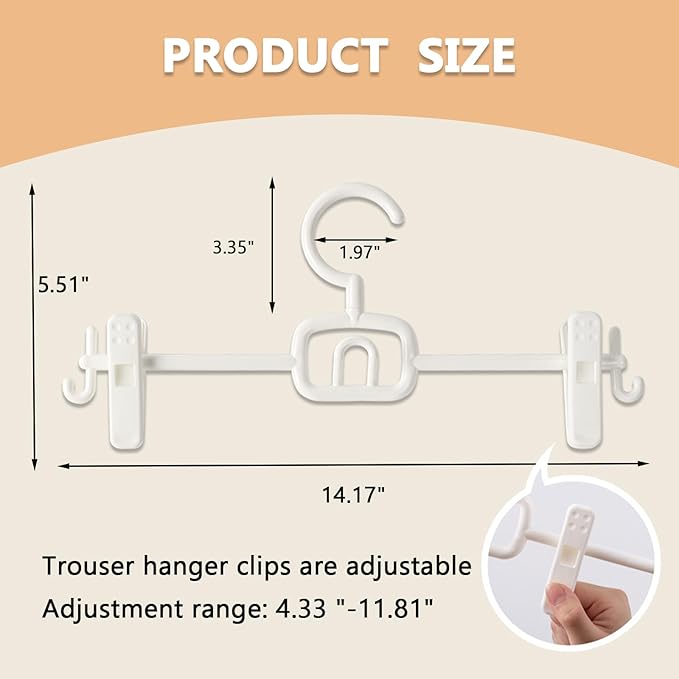 18 Pack Multi-Functional Stackable Smooth White Plastic Pants Hanger with Clip, Non-Slip Adjustable Clip Distance, 360° Rotating Hook, to Meet The Clothing of Multiple Ages,Space Saving