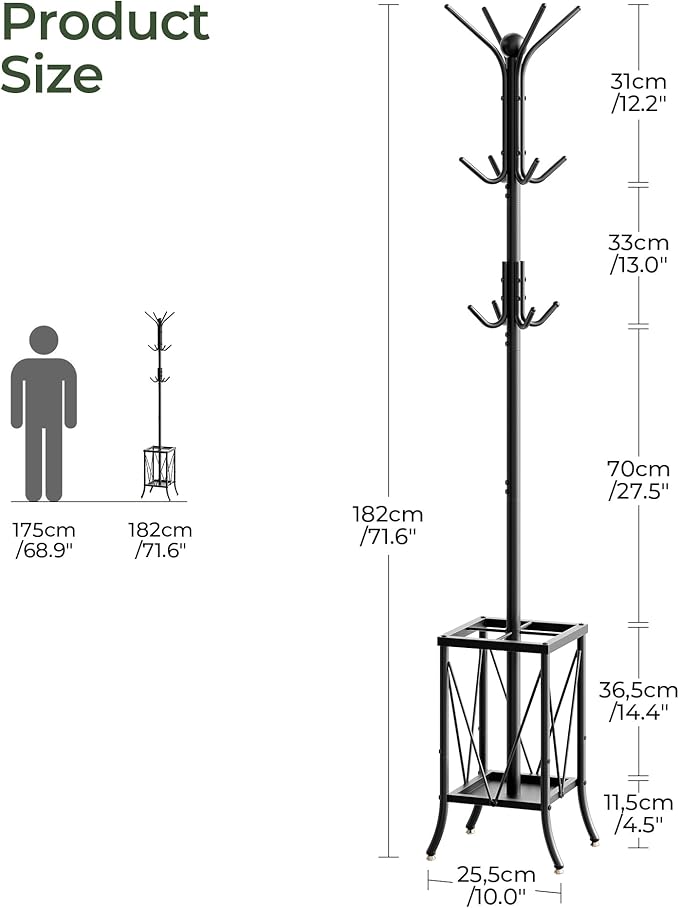 Coat Rack Freestanding, Coat Rack with Umbrella Holder, Entryway Hanger Stand with12 Hooks, Metal Hall Tree for Bags, Coats, Hats, Entryway, Hallway, Living Room, Bedroom, Office Black TYM01BB
