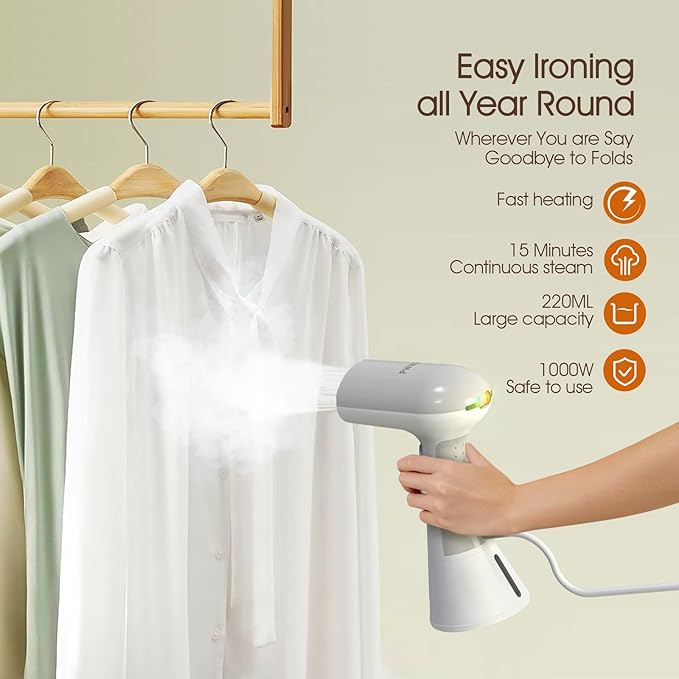 Handheld Garment Steamer - 1000W Portable Travel Steamer, 20s Rapid Heat-Up, 0.8kg Lightweight Fabric Iron with 302°F Dry Steam for Home and Travel, 220ml, White