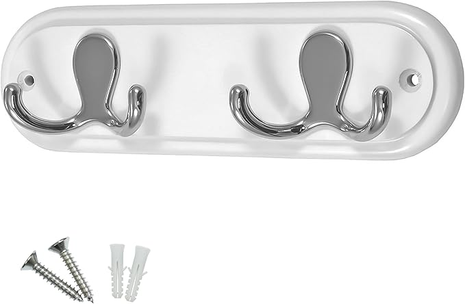 Compact Door Wall Mounted Robe Coat Rack with 2 Double Hooks, Fixings Included, 22cm, Polished Chrome on White