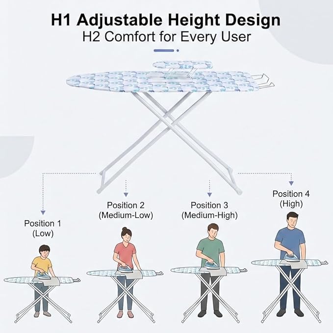 43" x 13" Ironing Board Height Adjustable Iron Board, Heavy Duty Ironing Board with Iron Rest & Heat Resistant Cover, Foldable Ironing Stand