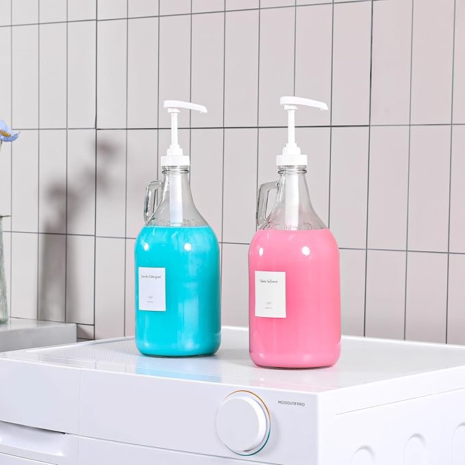 64 OZ Laundry Detergent Dispenser BY VEGEVIGI, Glass Liquid Laundry Soap Dispenser With Pump, Bleach And Fabric Softener Dispenser For Laundry Room, 2P