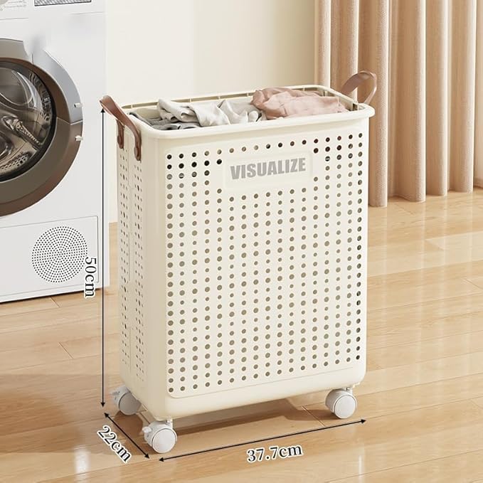42L Large Heavy Duty Laundry Hamper On Wheels and Handle, Foldable Collapsible Laundry Basket, Space Saving Laundry Room Organization With Lid For Home Storage, Clothes (Cream)