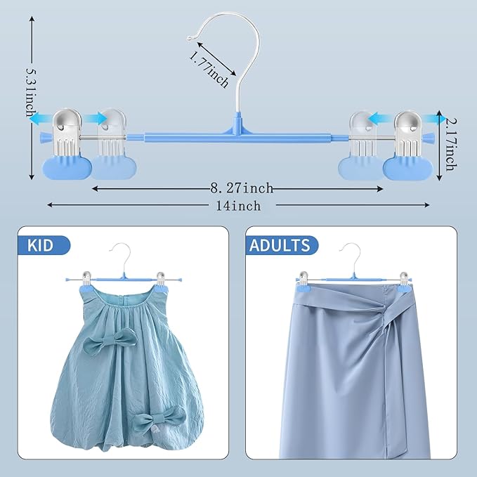 HUADYMEET 20 Pack 14Inch Pants Hangers with Wide Clips,Metal Trouser Hanger for Jeans.Space Saving Skirt Hangers Heavy Duty Non-Slip Adjustable Clothes Shorts Hanger for Women,Men,Sky Blue