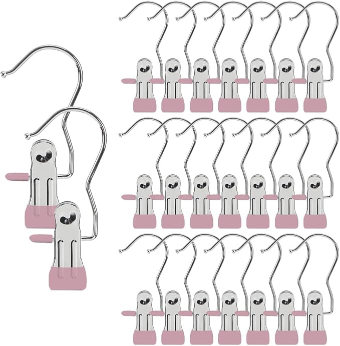 Hangers Clips,Stainless Multi Function Clip Hooks,Laundry Hanging Hooks Clips,Closet Hangers,Boot Clips， Hats Clips,Socks Clips,Pants Clips, Bras Clips (30, Pink)