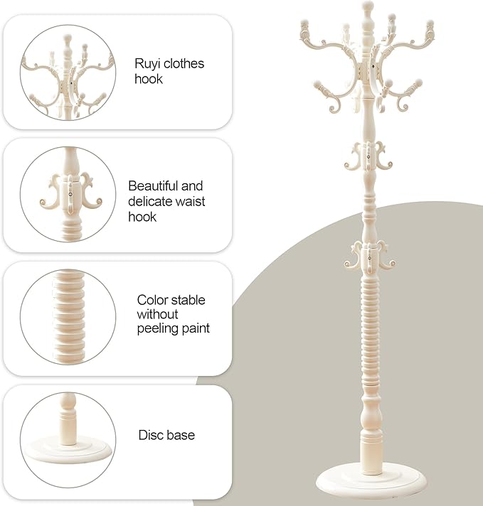 Wooden Coat Rack Free standing 18 Hooks, Vintage Coat Rack Stand for Entryway, Adjustable Height 73", Heavy Duty Coat Tree with Solid Round Base for Home Bedroom, Office (vintage White)