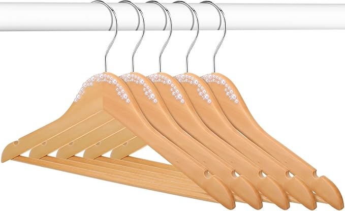 5 Pcs Bridal Dress Hanger Wooden Pearl Wedding Dress Bridal Hanger with Pearl Brown Wooden Wedding Party Gift (Wood Color,Stylish)