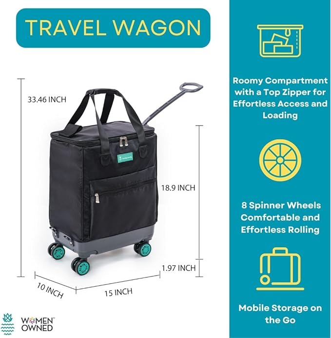Handy Sandy All-Purpose Roller Bag – Foldable Top-Opening Tote on Wheels with Zipper Closure, 8 Spinner Wheels, Lightweight – Travel, Groceries, Laundry, Work, Everyday Hauling - Patent-Green