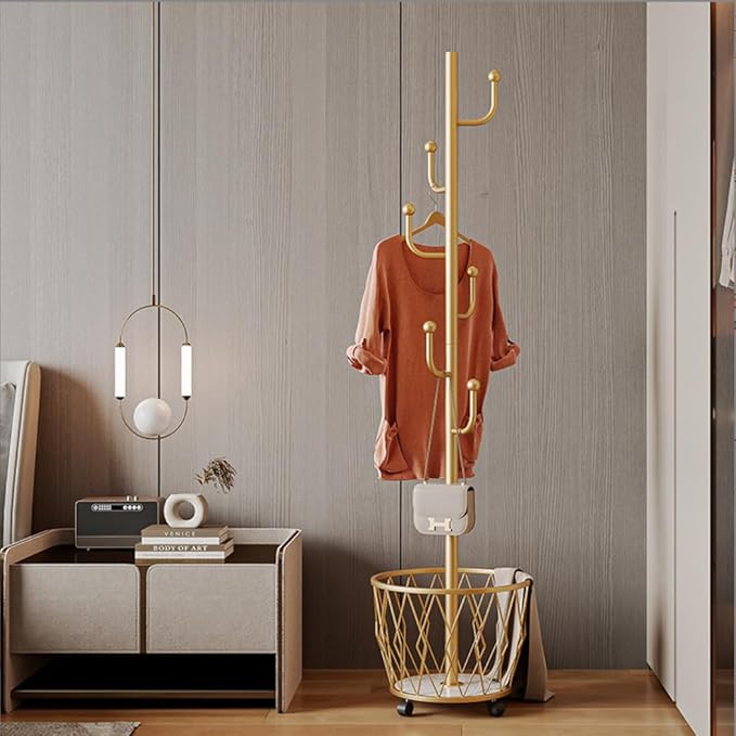 Champagne Gold Cactus shaped Coat Rack Hanger Freestanding, Metal Clothes Rack with Basket 6 Hooks to Hang Clothes, Hat, Bag for Entryway, Hallway, Bedroom