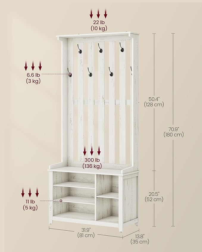 VASAGLE Hall Tree with Bench and Shoe Storage, Coat Rack with Shoe Bench, 7 Double Hooks for Jackets, Hats, Entryway, Bedroom, Living Room, 13.8 x 31.9 x 70.9 Inches, Rustic White UHSR414W01