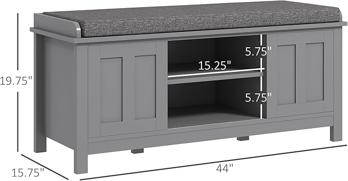 HOMCOM Entryway Shoe Bench Storage Ottoman with Sliding Doors, Adjustable Shelving, 6 Compartments, and Padded Seat, Holds 10 Pairs, Gray