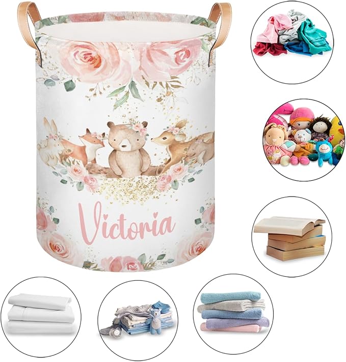 Personalized Laundry Basket, Custom Gift Laundry Hamper, Collapsible Nursery Waterproof Laundry Baskets, Dirty Clothes Toy Hamper with Handles Pink Floral Bear Fox