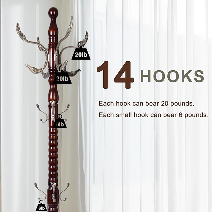 Wooden coat rack stand, Heavy duty coat racks tree freestanding with 14 Hooks and Sturdy Round Base, Coat tree for jacket, Hats, Bags, Purses, clothes (Round base-Metal Phoenix Groove)