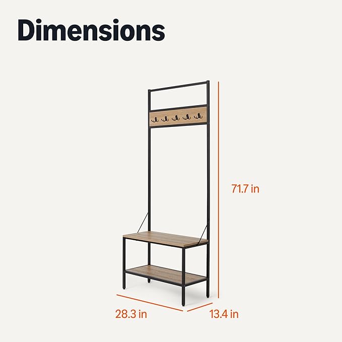 Amazon Basics Entry Bench with Hooks, Hall Tree with Shoe Storage, Steel Frame, Oak Finish