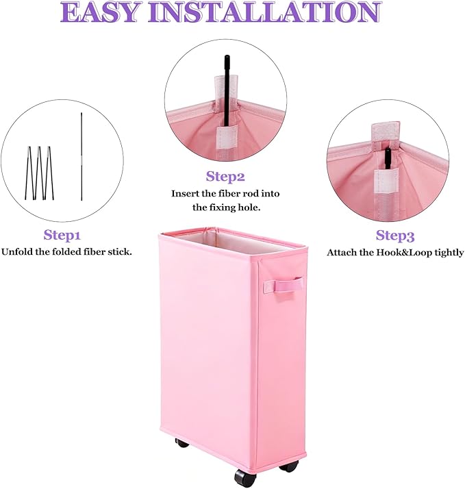 42L Slim Laundry Basket with Wheels, Rolling Laundry Hamper for Small Spaces, Collapsible 600D Oxford Dirty Clothes Basket with Brake & Handle, Narrow Laundry Basket for Dorm, Bathroom, Pink