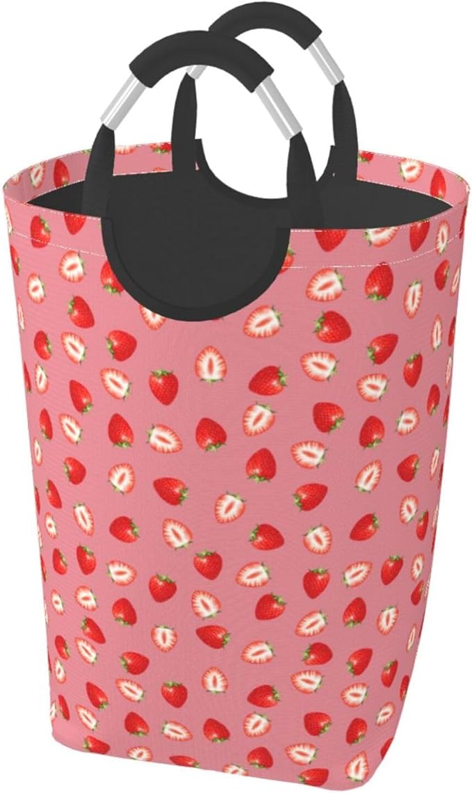Strawberry Laundry Basket Cute Fruits Laundry Hamper Pink Strawberries Collapsible Laundry Baskets with Handle Dirty Clothes Hamper Bag for Dorm Family Bathroom Decor Storage 50L