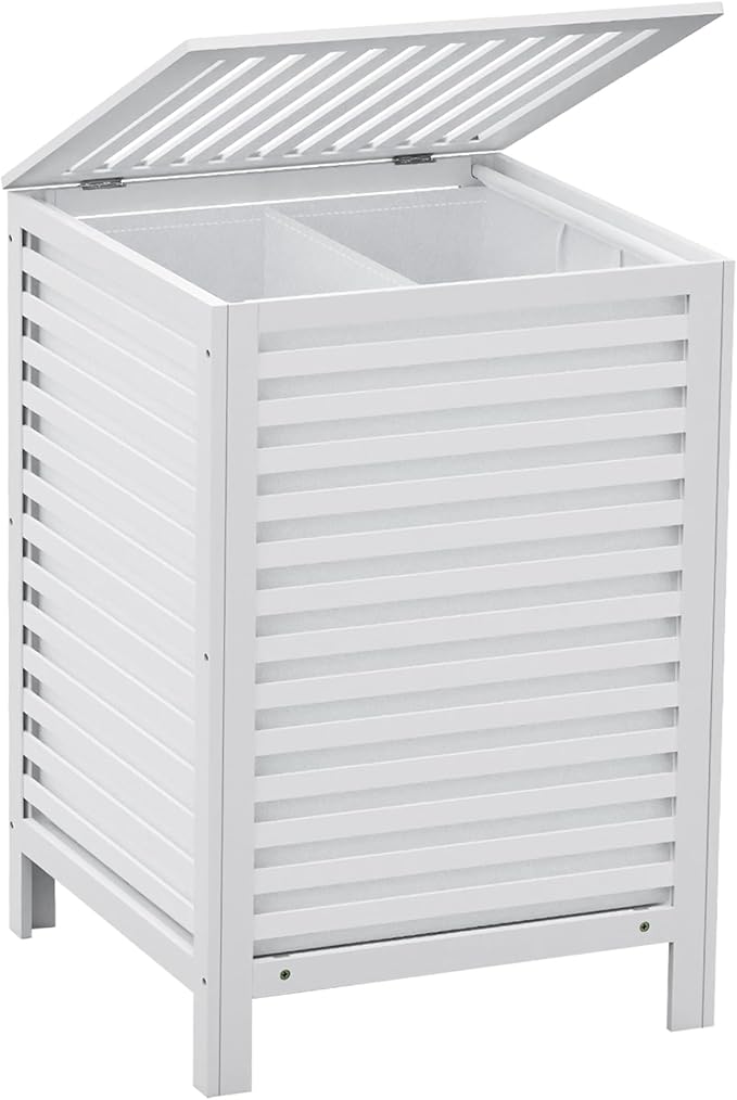 Bamboo Laundry Hamper with Lid, 120L Large Double Laundry Basket with Removable Liner Bag, 2-Section Clothes Laundry Sorter for Bedroom, Bathroom, Laundry Room,18.5 x 18.5 x 25.6 Inches