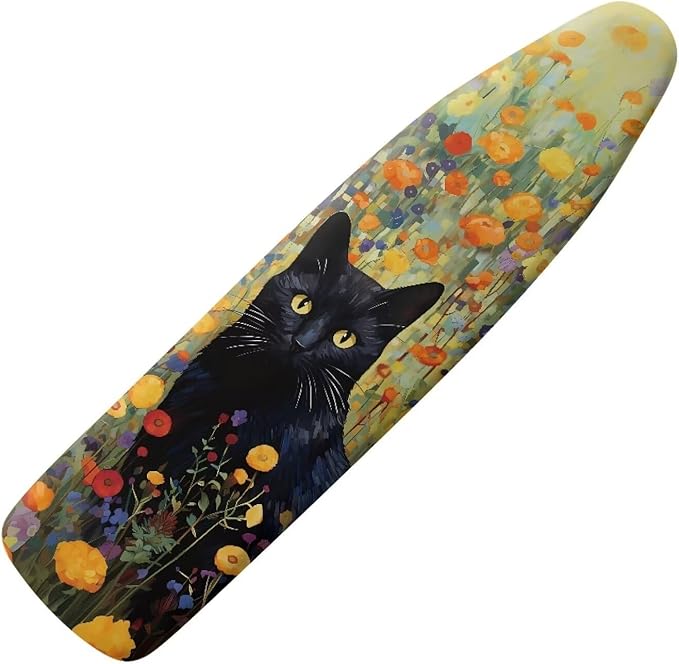 GLENLCWE Black Cat Floral Ironing Board Cover Standard Sizes 15x54 Inch,Cute Cat Print Iron Board Cover Replacement Protector with Elastic Edge and Hook and Loop