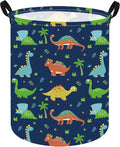 KUNRO Round Dinosaur Laundry Gift Basket Storage Hamper, Clothes Storage Organizer Bins, Shelf Basket with Handles for Room Decor