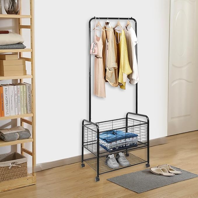 Black Metal Rolling Laundry Hamper Butler Cart Basket with Hanging Garment Rack, Storage Organizer with Mobile Wheels