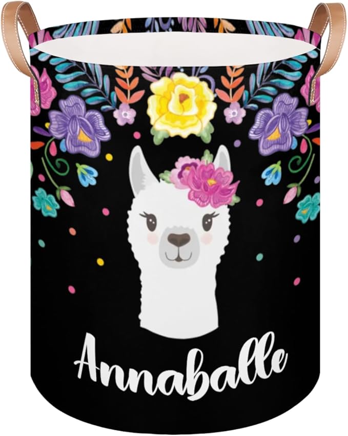 Personalized Laundry Basket, Custom Gift Laundry Hamper, Collapsible Nursery Waterproof Laundry Baskets, Dirty Clothes Toy Hamper with Handles Llama Colorful Floral