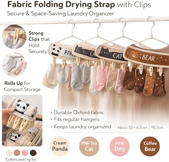 FOLAI 4-Pack Portable Fabric Products Travel Hangers Foldable Suitcase Clothespin Small Clothes pin Rack with 6 Clips（Animal-Themed）