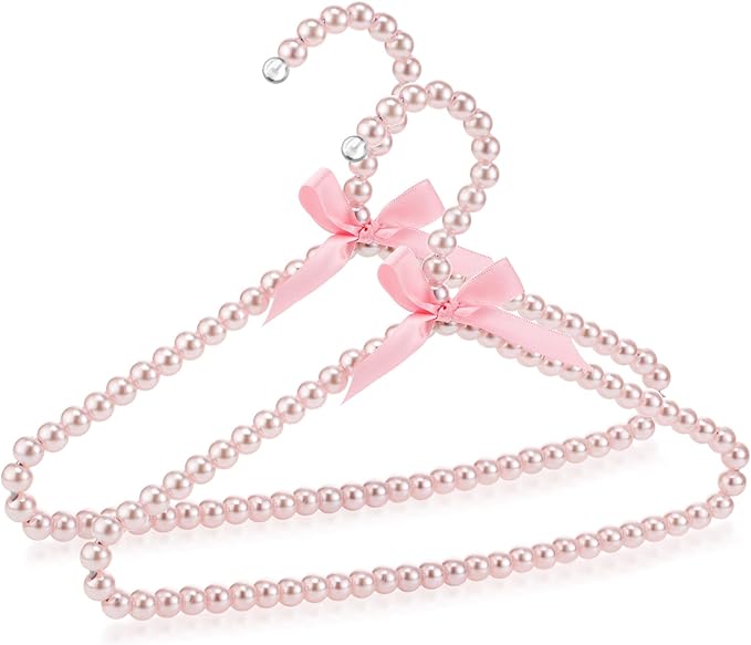 Threan Pink 2 Pcs Pearl Beaded Clothes Hanger Mini Pearl Beads Small Metal Clothes Hangers with Ribbon Standard for Kids Baby Children Pet Dog
