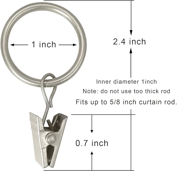44 Pack Matte Silver Curtain Rings with Clips, Curtain Hooks Hangers Clip Rings for Hanging Drapes Bows Hat, Drapery Rings 1 in I D, Fits up to 5/8 in Diameter Curtain Rod.