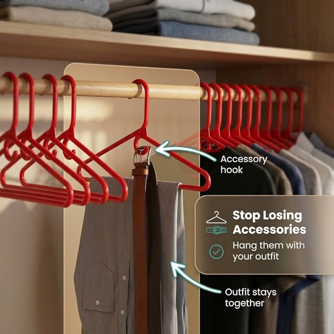 DEILSY™ Red Heavy Duty Hangers with Hooks for Scarves & Belts – Thick and Strong Clothes Hangers for Shirts, Jackets, Pants, and Dresses – Space-Saving Plastic Hangers – Pack of 10