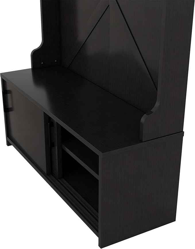 Modern 47'' Wide Hall Tree with Top Shelf and Storage Bench, Hallway Shoe Cabinet with Sliding Doors, Coat Rack with 5 Hanging Hooks for Entryways Hallways (Black-8.18)