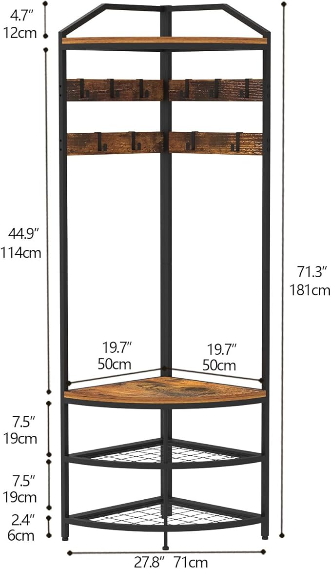 GiftGo Corner Hall Tree with Shoe Bench Entryway Coat Rack with 10 Metal Movable Hooks Floor Standing Clothes Rack Shoes Shelf Organizer for Home Office Bedroom (Rustic Brown)