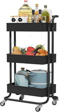Sooyee 3 Tier Utility Cart,Rolling Cart with Handle and Lockable Wheels, Multi-Functional Storage Cart for Office, School,Living Room, Kitchen, Bathroom, Bedroom,Laundry,Black
