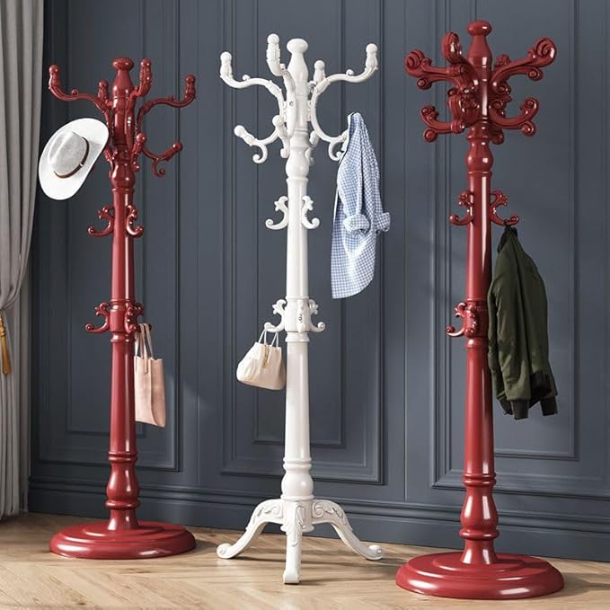 CraftThink Pine Coat Rack, Free Standing Tree Hanger Coat Tree for Clothes, Hats, Bags, Purses, with Double Prong Hooks, for Entryway, Hallway, Bedroom (Round Base 16" L x 16" W x 67" H, Red