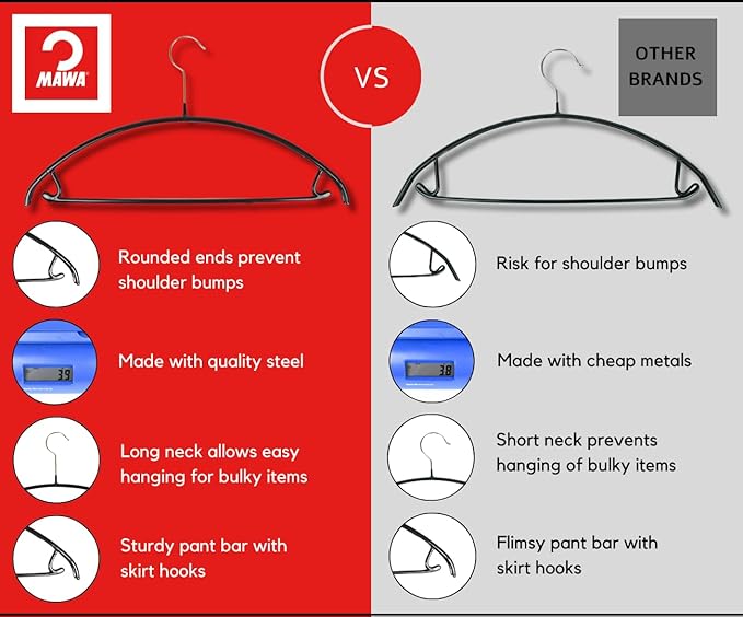 Mawa by Reston Lloyd Non Slip Metal Clothing Hanger, Smooth Shoulder Support with Skirk Hooks/Pant Bar, Model 42-U,Silver