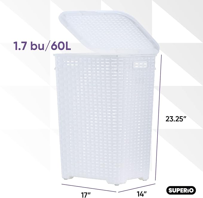 Superio Laundry Hamper with Lid 60 Liter White (2 Pack) Plastic Wicker Large Hampers Basket with Cutout Handles, Deluxe Bin to Storage Dirty Cloths in Washroom Bathroom