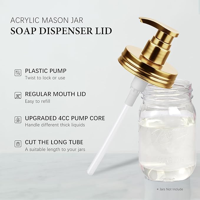 Amolliar Plastic Mason Jar Soap Dispenser Lids(2) - Universal Pump Replacement for Regular Mouth Jar - Long Tubes & Cute Lables - for Kitchen, Bathroom, Dish Soap, Lotions, Hand Soap, Gold
