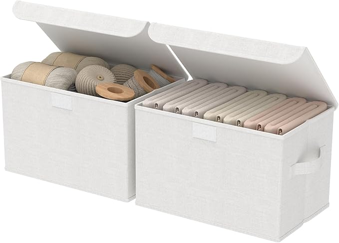 Storage Bins with Lids for Organizing, Closet Boxes with 2 Carrying Handles and Sturdy Heavy Cardboard, Home Organizers Cubes, 2 Pack, White, 15 x 9.8 x 9.8 In, XSNY12WL-2