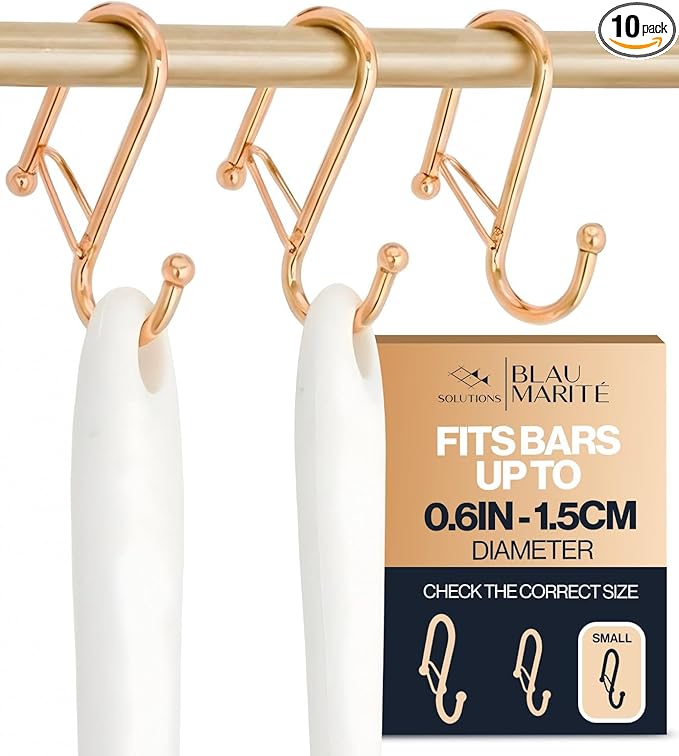 10-Pack Metal S Hooks for Hanging – Heavy-Duty S-Shaped Hooks with Safety Buckle – Fits Bars up to 0.6 In – Anti-Drop Hook for Kitchen, Pot Racks & Towel Bars – Gold (Small)