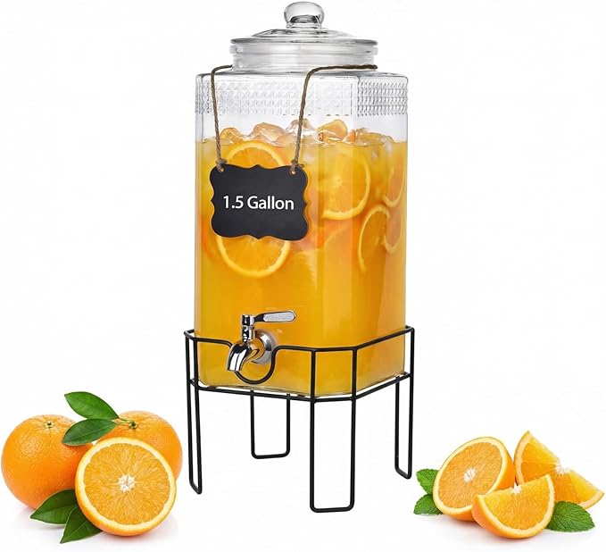 1.5 Gallon Glass Drink Dispenser, Drink Dispensers for Parties, Beverage Dispenser with Stand and Glass Lid, 100% Leakproof Spigot, Ideal for Lemonade, Juice, Iced Tea, Laundry Detergent